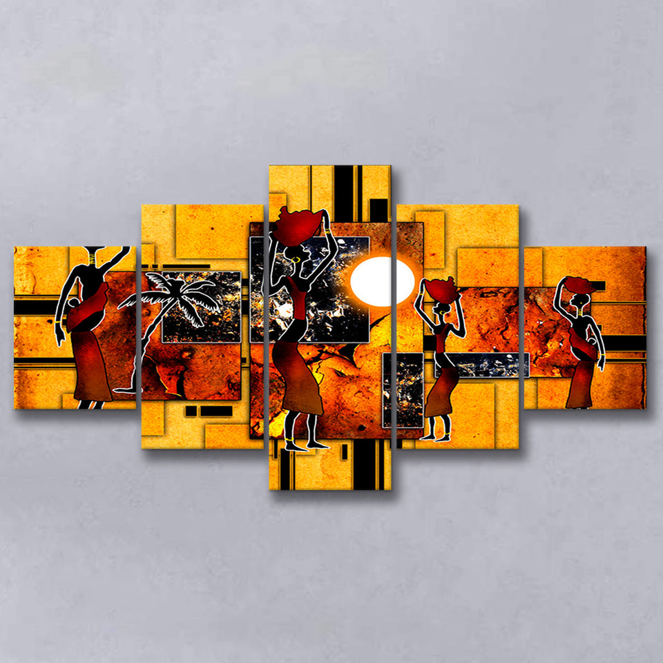 Black And Gold African Colorful 5 Piece Canvas Prints Wall Art Decor, Multi Panels, Mixed Canvas
