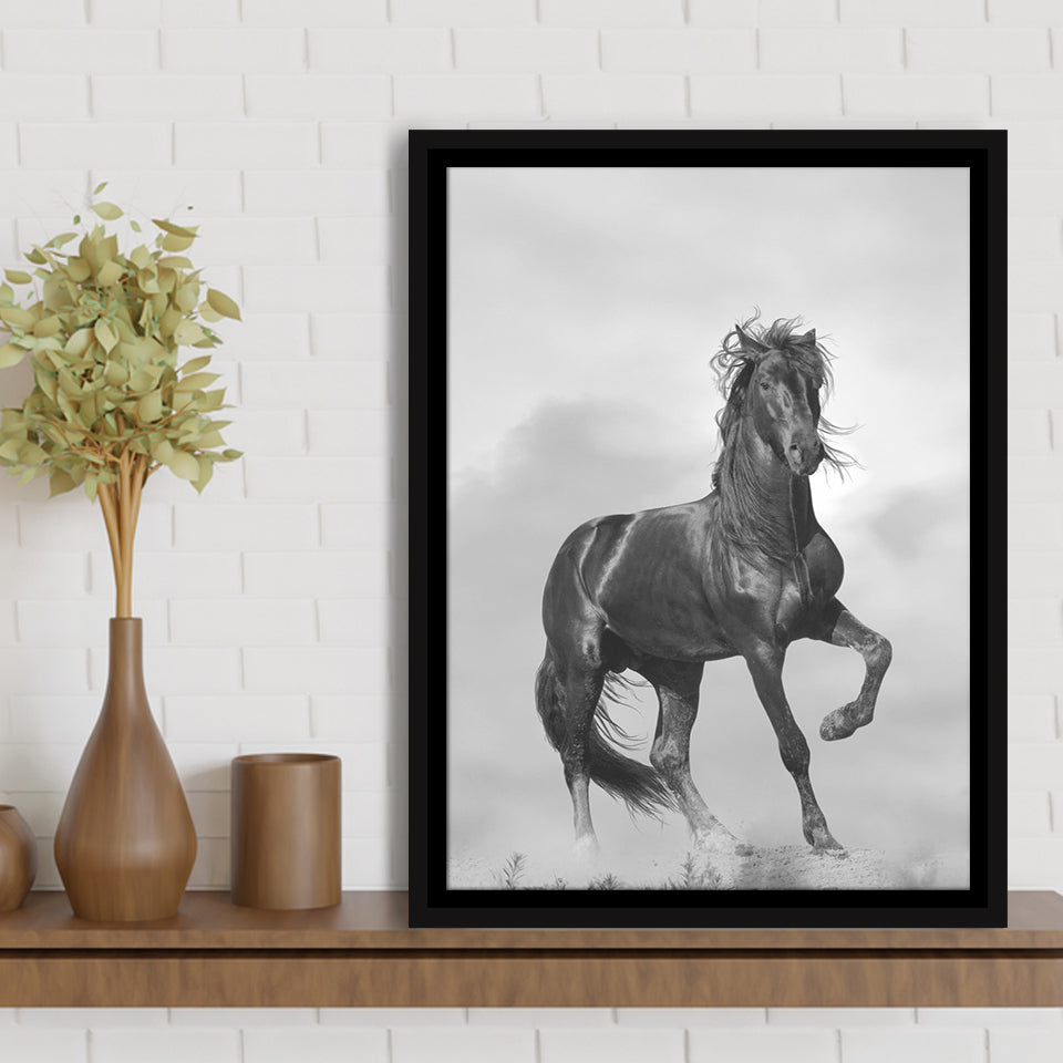Black Horse, Black And White Framed Canvas Prints Wall Art Home Decor, Floating Frame