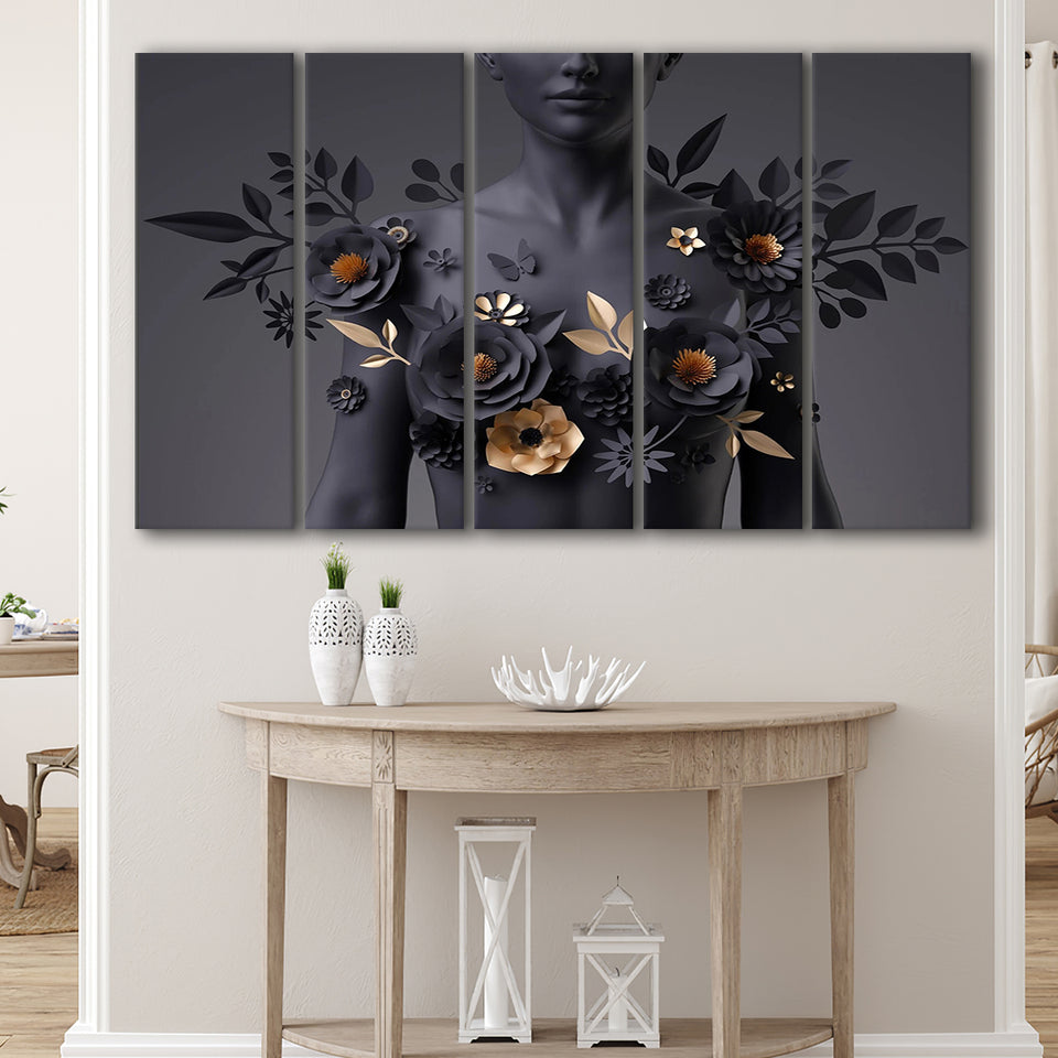 Black Woman In Flower Cool Art Larger Canvas Art, 5 Piece Canvas Prints Wall Art Decor