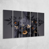Black Woman In Flower Cool Art Larger Canvas Art, 5 Piece Canvas Prints Wall Art Decor