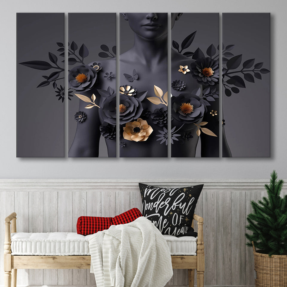 Black Woman In Flower Cool Art Larger Canvas Art, 5 Piece Canvas Prints Wall Art Decor
