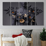 Black Woman In Flower Cool Art Larger Canvas Art, 5 Piece Canvas Prints Wall Art Decor