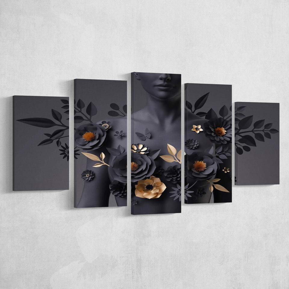 Black Woman In Flower Cool Art 5 Panels, Canvas Prints Wall Art Decor, Large Canvas Art