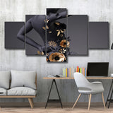 Black Woman In Golden Flower Art V1 5 Panels, Canvas Prints Wall Art Decor, Large Canvas Art