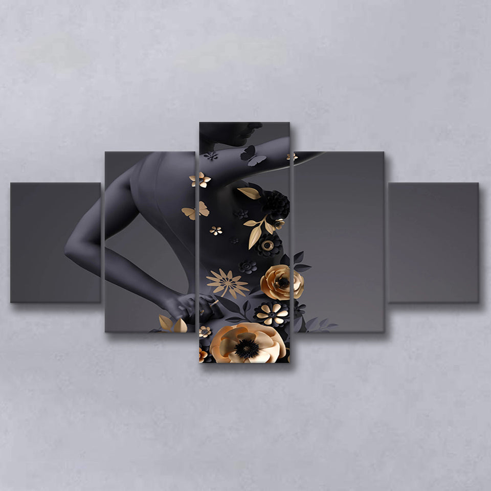 Black Woman In Golden Flower Art V1 5 Panels, Canvas Prints Wall Art Decor, Large Canvas Art