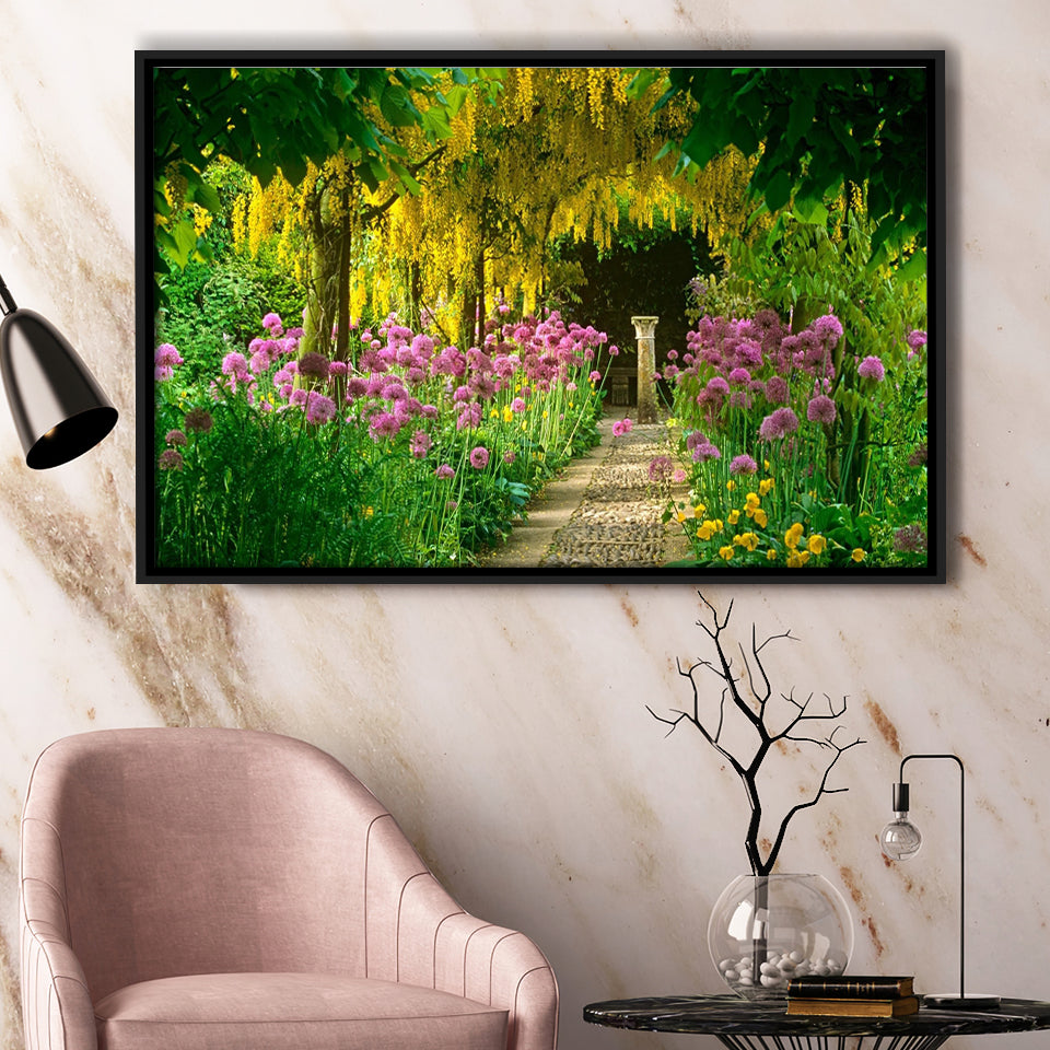 Blooming Colorful Flower In Path Walk Framed Canvas Prints Wall Art - Painting Canvas, Wall Decor, Floating Frame,Painting Prints, For Sale