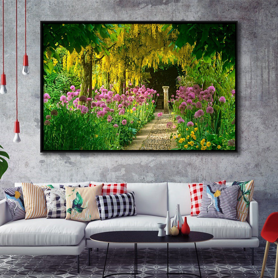Blooming Colorful Flower In Path Walk Framed Canvas Prints Wall Art - Painting Canvas, Wall Decor, Floating Frame,Painting Prints, For Sale