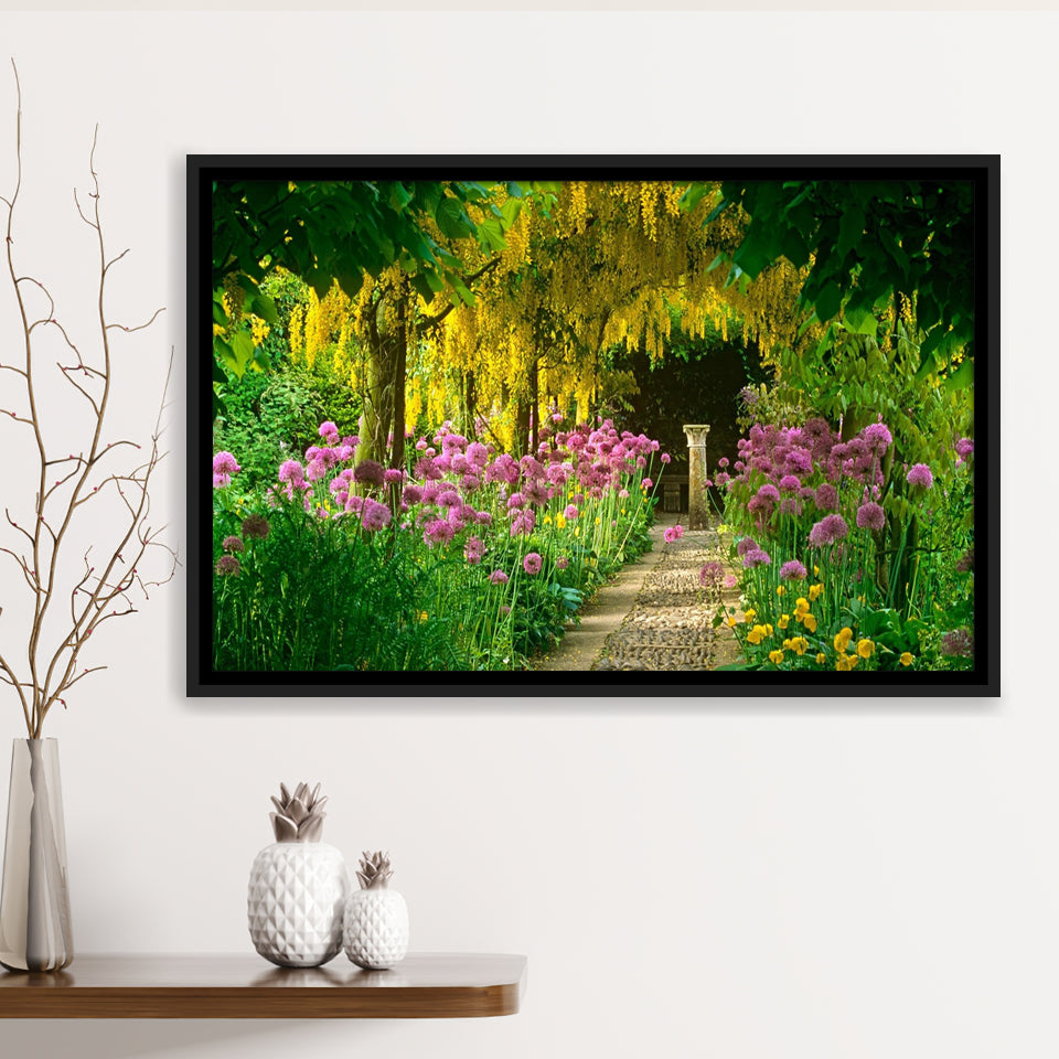 Blooming Colorful Flower In Path Walk Framed Canvas Prints Wall Art - Painting Canvas, Wall Decor, Floating Frame,Painting Prints, For Sale