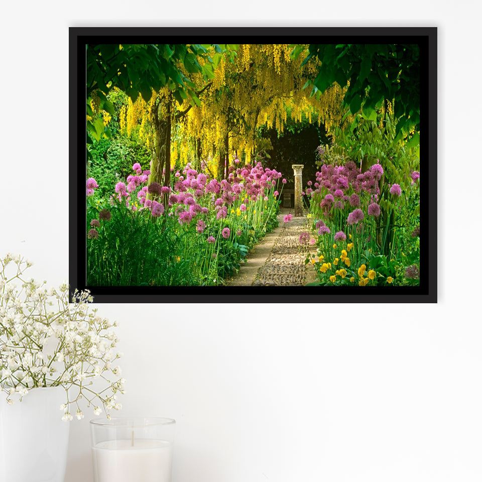Blooming Colorful Flower In Path Walk Framed Canvas Prints Wall Art - Painting Canvas, Wall Decor, Floating Frame,Painting Prints, For Sale