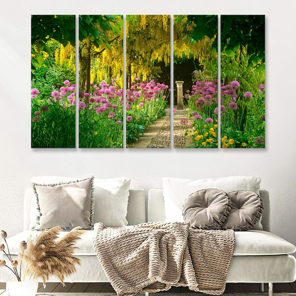 Blooming Colorful Flower In Path Walk 5 Pieces B Canvas Prints Wall Art - Painting Canvas, Multi Panels,5 Panel, Wall Decor
