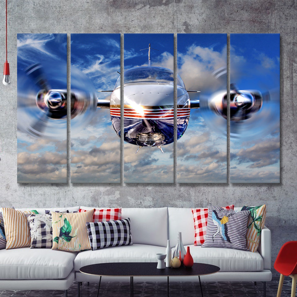 Blue Airplane In A Clouds 5 Piece B Canvas Prints Wall Art Decor - Painting Canvas, Multi Panels