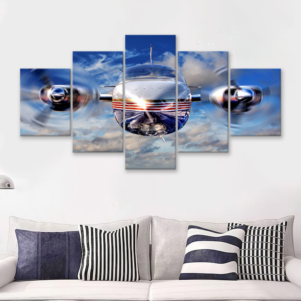 Blue Airplane In A Clouds 5 Piece Canvas Prints Wall Art Decor - Painting Canvas, Multi Panels