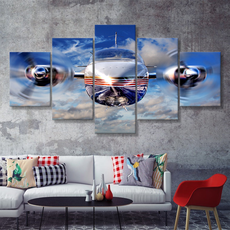 Blue Airplane In A Clouds 5 Piece Canvas Prints Wall Art Decor - Painting Canvas, Multi Panels