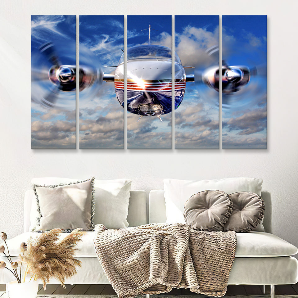 Blue Airplane In A Clouds 5 Piece B Canvas Prints Wall Art Decor - Painting Canvas, Multi Panels
