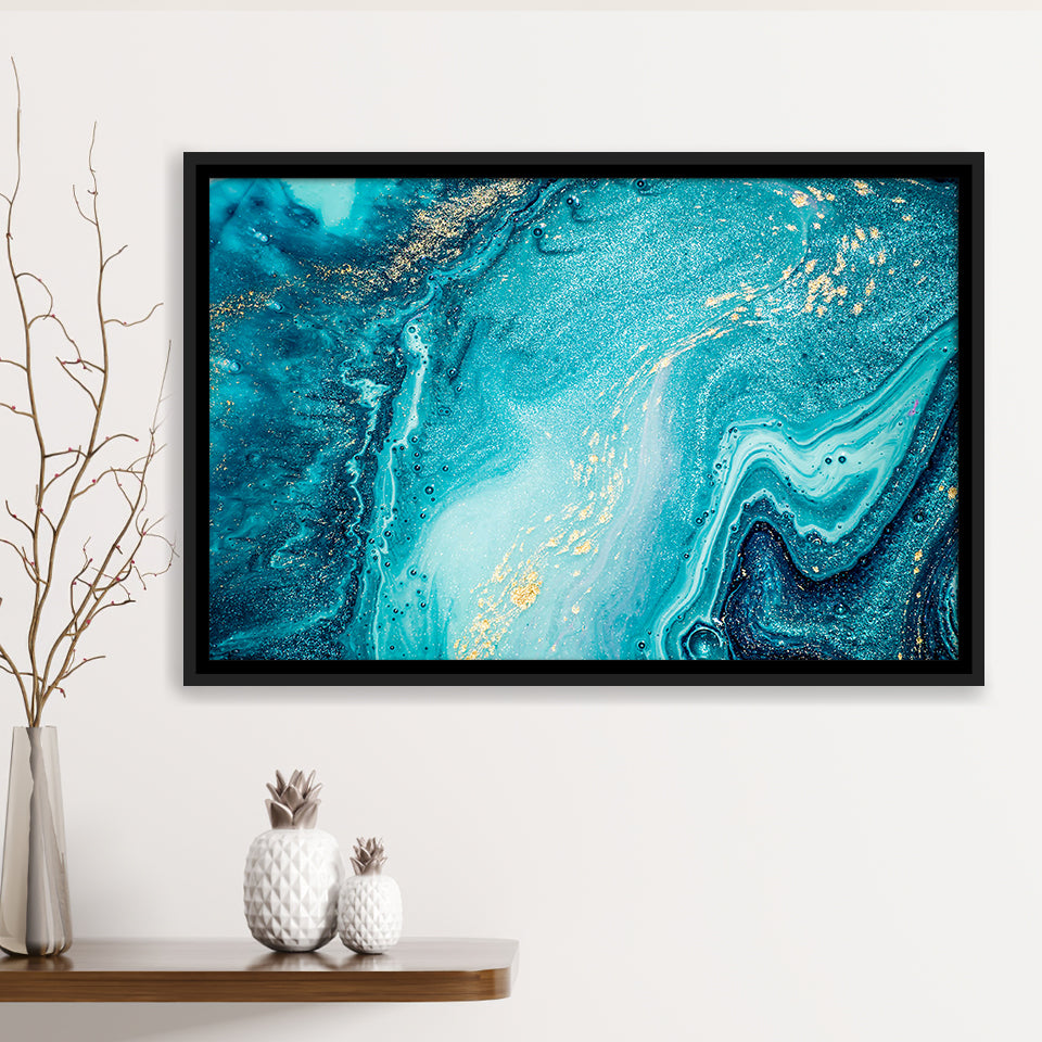 Blue And Gold Marble Framed Canvas Prints Wall Art Decor, Framed Picture, Floating Frame