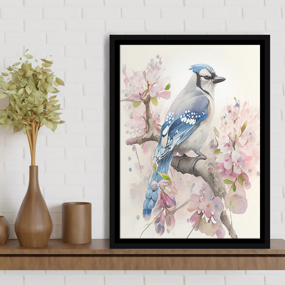Blue Jay Retro Art Print, Large Canvas, Framed Canvas Print Wall Art Home Decor, Floating Frame