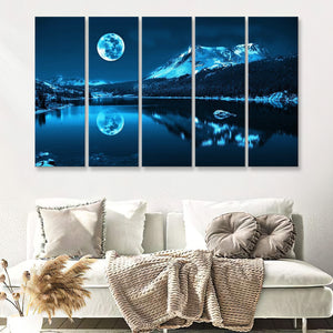 Blue Night Mountains Lake And Moon 5 Pieces B Canvas Prints Wall Art - Painting Canvas, Multi Panels,5 Panel, Wall Decor