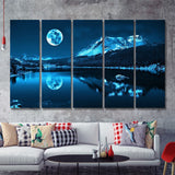 Blue Night Mountains Lake And Moon 5 Pieces B Canvas Prints Wall Art - Painting Canvas, Multi Panels,5 Panel, Wall Decor