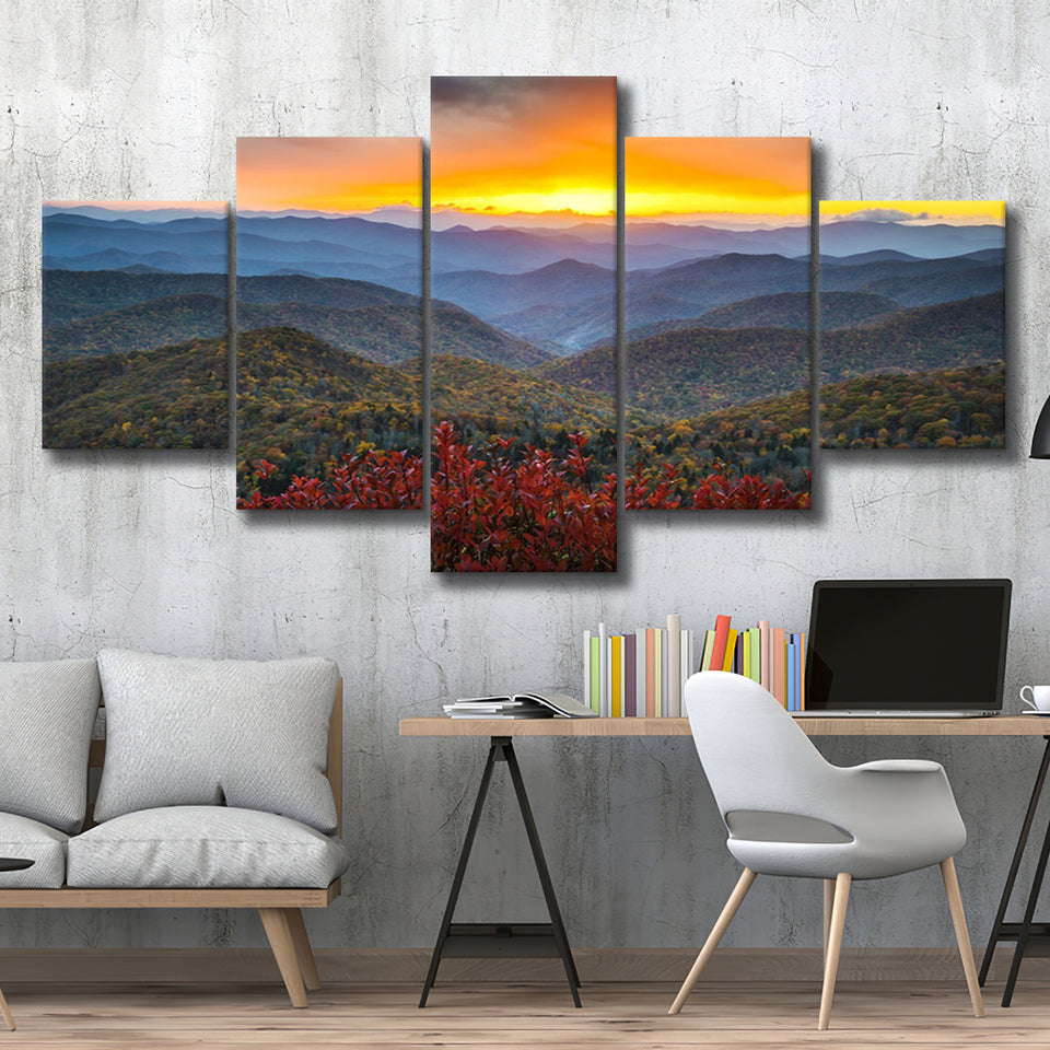 Blue Ridge Parkway Sunset Art, Multi Panels, 5 Pieces, Canvas Prints Wall Art Home Decor