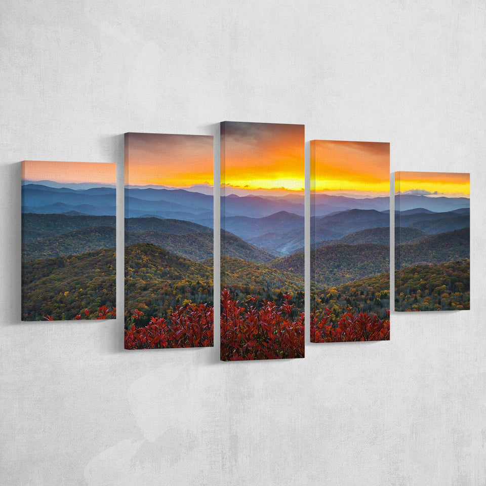 Blue Ridge Parkway Sunset Art, Multi Panels, 5 Pieces, Canvas Prints Wall Art Home Decor