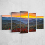 Blue Ridge Parkway Sunset Art, Multi Panels, 5 Pieces, Canvas Prints Wall Art Home Decor