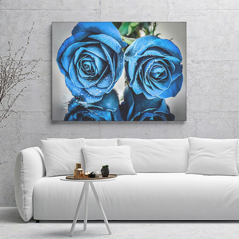 Blue Roses With Drops Canvas Wall Art - Canvas Prints, Prints for Sale, Canvas Painting, Canvas On Sale