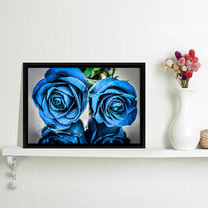 Blue Roses With Drops Framed Canvas Wall Art - Framed Prints, Canvas Prints, Prints for Sale, Canvas Painting