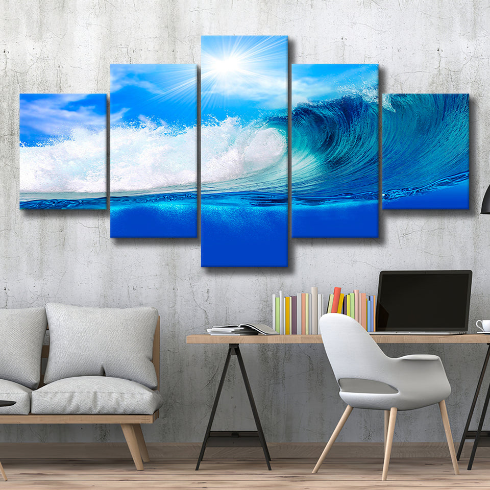 Blue Wave 5 Piece Canvas Prints Wall Art Decor, Multi Panels, Mixed Canvas