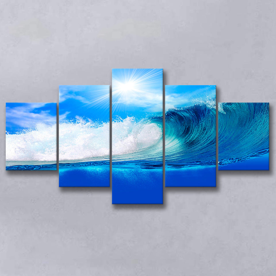 Blue Wave 5 Piece Canvas Prints Wall Art Decor, Multi Panels, Mixed Canvas