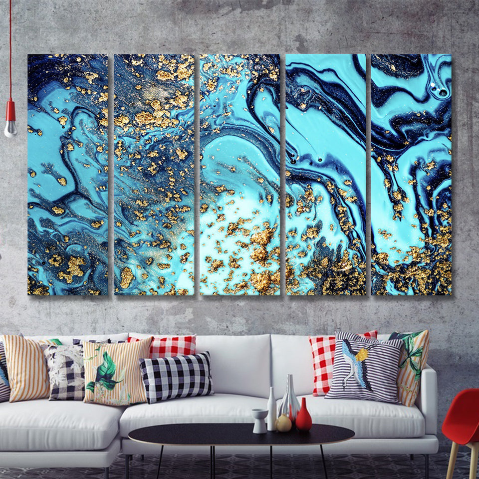 Blue and Gold Abstract Drawing 5 Piece B Canvas Prints Wall Art Decor - Painting Canvas, Multi Panels