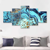 Blue and Gold Abstract Drawing 5 Piece Canvas Prints Wall Art Decor - Painting Canvas, Multi Panels