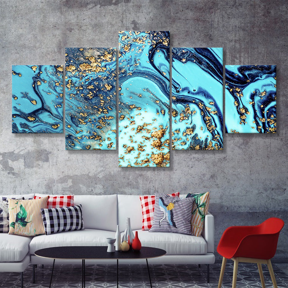 Blue and Gold Abstract Drawing 5 Piece Canvas Prints Wall Art Decor - Painting Canvas, Multi Panels