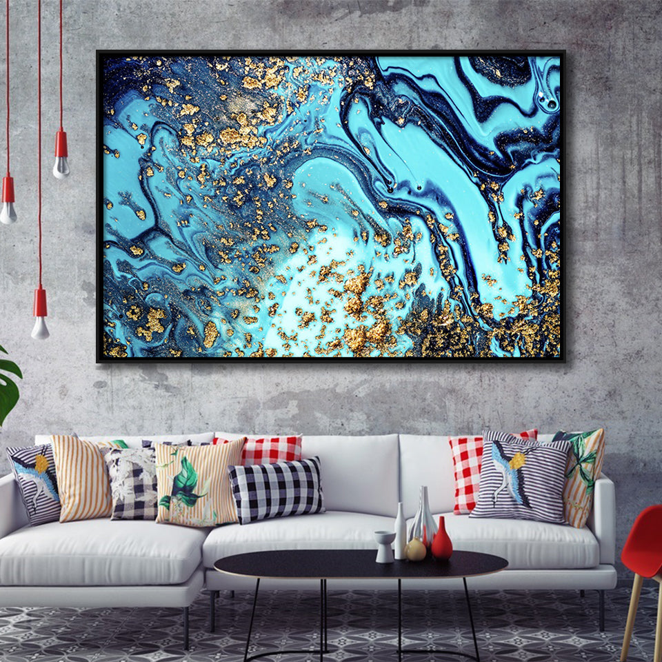 Blue and Gold Abstract Drawing Framed Canvas Prints Wall Art Decor - Paiting Canvas, Art Prints, Floating Frame