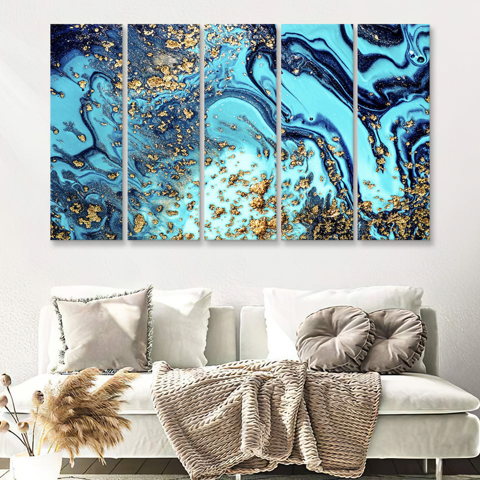 Blue and Gold Abstract Drawing 5 Piece B Canvas Prints Wall Art Decor - Painting Canvas, Multi Panels