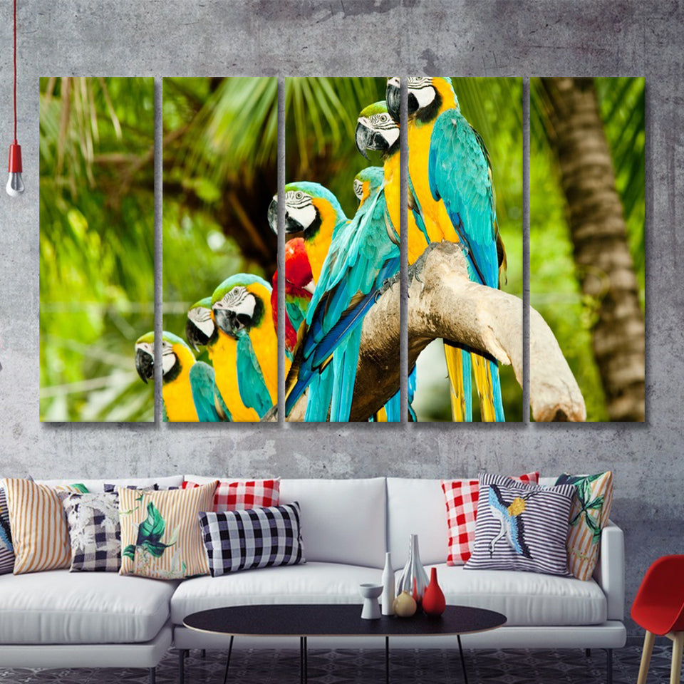 Blue And Gold Macaw Parrots 5 Pieces B Canvas Prints Wall Art - Painting Canvas, Multi Panels,5 Panel, Wall Decor