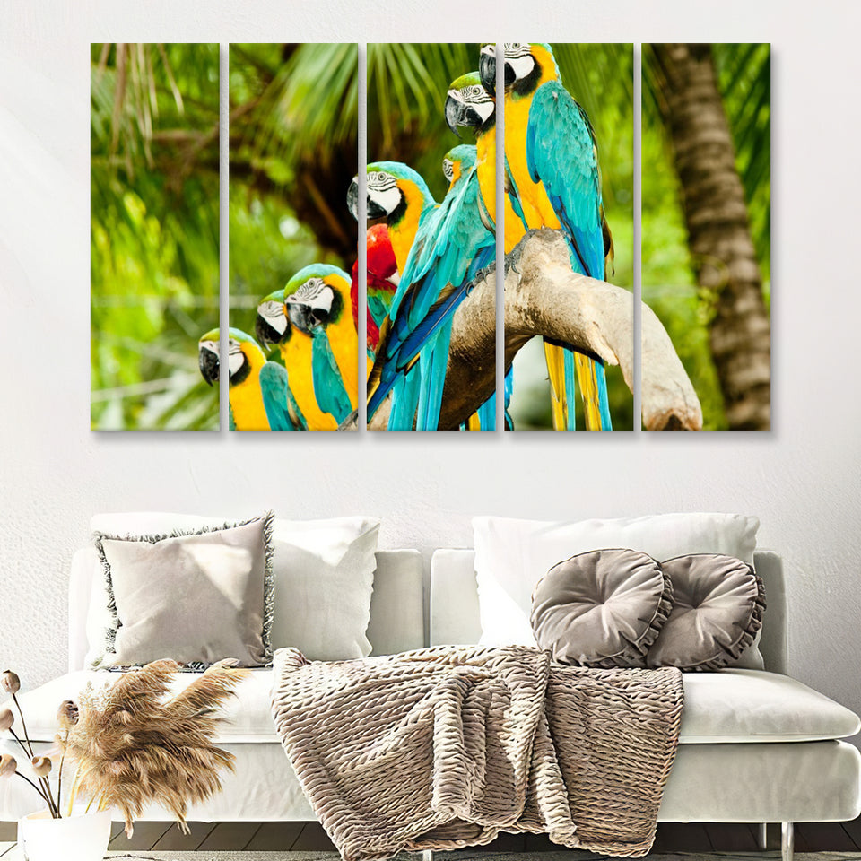 Blue And Gold Macaw Parrots 5 Pieces B Canvas Prints Wall Art - Painting Canvas, Multi Panels,5 Panel, Wall Decor
