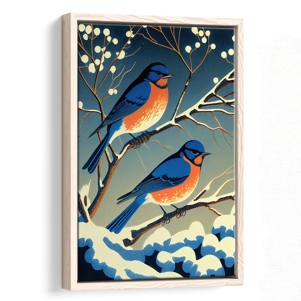 Bluebirds Retro Art Print, Large Canvas, Framed Canvas Print Wall Art Home Decor, Floating Frame
