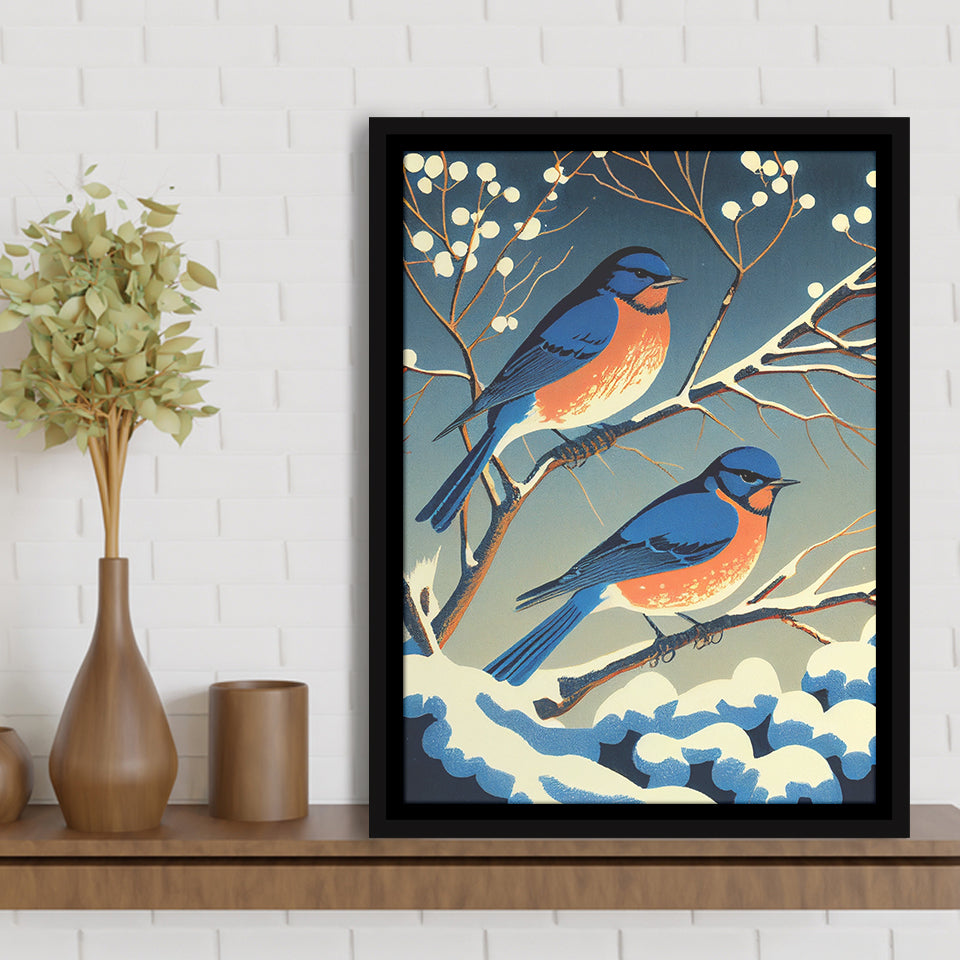 Bluebirds Retro Art Print, Large Canvas, Framed Canvas Print Wall Art Home Decor, Floating Frame