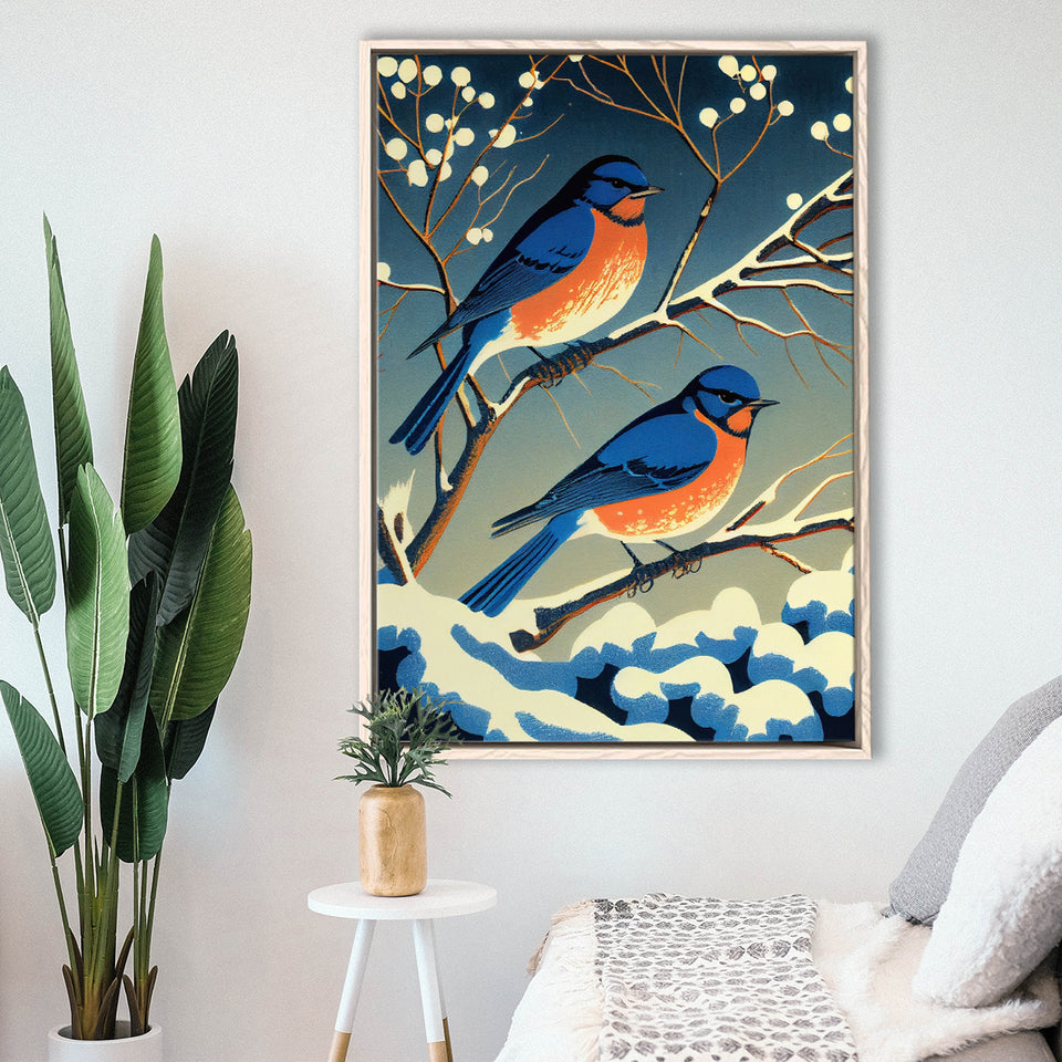 Bluebirds Retro Art Print, Large Canvas, Framed Canvas Print Wall Art Home Decor, Floating Frame