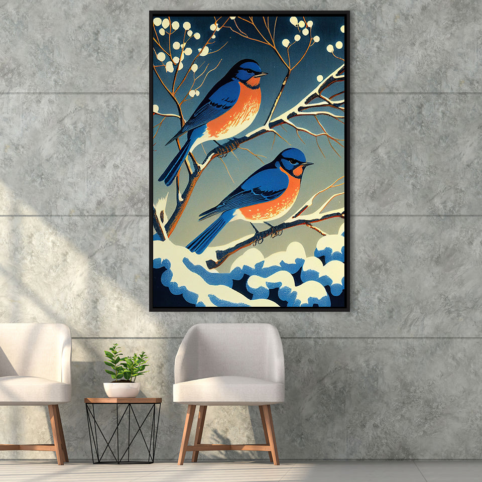 Bluebirds Retro Art Print, Large Canvas, Framed Canvas Print Wall Art Home Decor, Floating Frame