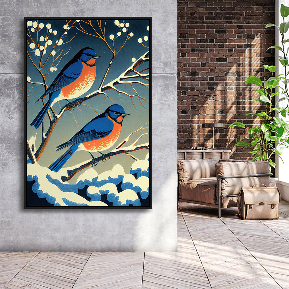 Bluebirds Retro Art Print, Large Canvas, Framed Canvas Print Wall Art Home Decor, Floating Frame