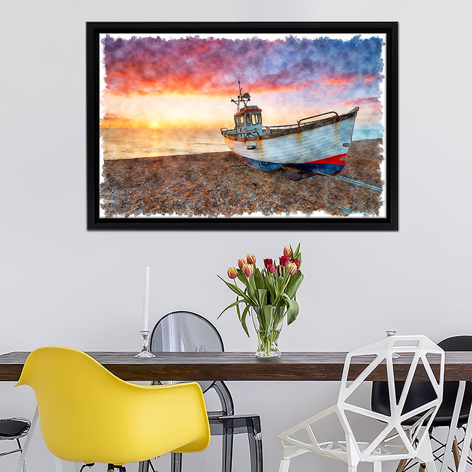 Boat On Sea Shore Photograph Framed Canvas Wall Art - Canvas Prints, Framed Art, Prints for Sale, Canvas Painting