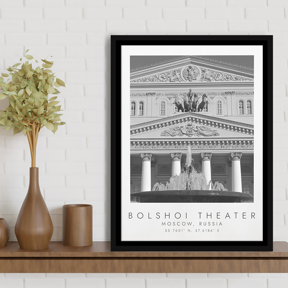 Bolshoi Theater, Moscow Russia Theatre Lovers Black And White Art Framed Canvas Prints Wall Art Home Decor, Floating Frame