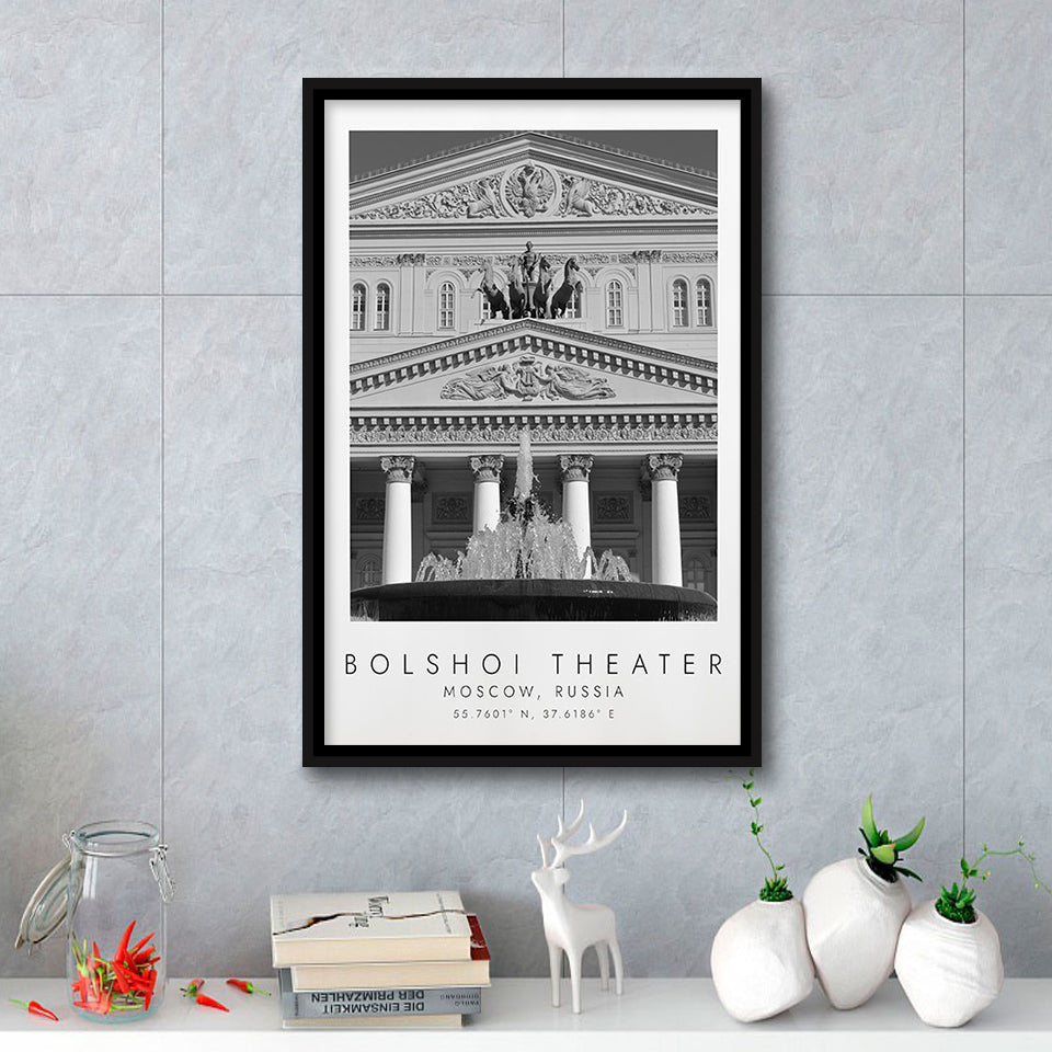 Bolshoi Theater, Moscow Russia Theatre Lovers Black And White Art Framed Canvas Prints Wall Art Home Decor, Floating Frame