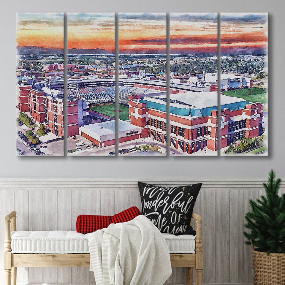 Boone Pickens Stadium Oklahoma State Football Stadium Watercolor, 5 Pieces B, Multi Panel Canvas Prints Wall Art Decor