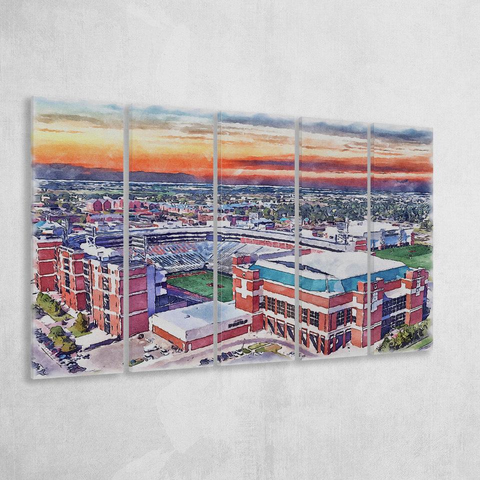Boone Pickens Stadium Oklahoma State Football Stadium Watercolor, 5 Pieces B, Multi Panel Canvas Prints Wall Art Decor