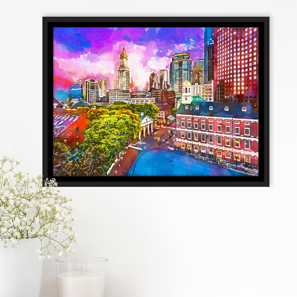 Boston Massachusetts Usa Historic Skyline Dusk City Art Watercolor Framed Canvas Prints Wall Art Home Decor,Floating Frame