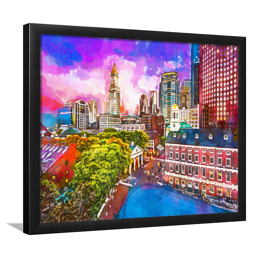 Boston Massachusetts Usa Historic Skyline Dusk City Art Watercolor Framed Art Prints Wall Art Decor,Framed Picture