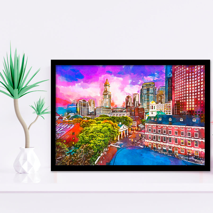 Boston Massachusetts Usa Historic Skyline Dusk City Art Watercolor Framed Art Prints Wall Art Decor,Framed Picture