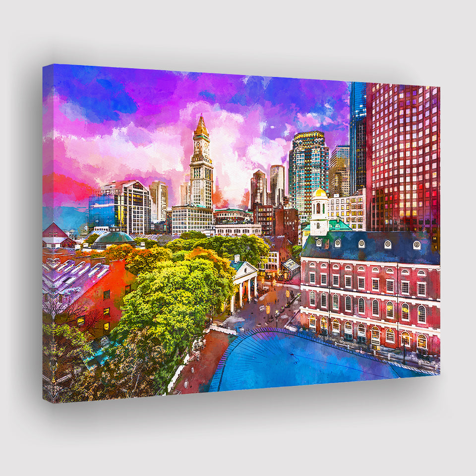 Boston Massachusetts Usa Historic Skyline Dusk City Art Watercolor Canvas Prints Wall Art Home Decor, Large Canvas